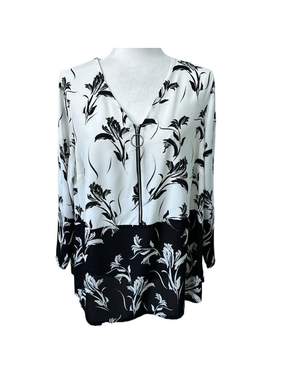 Alfani Black White Zip Front Blouse Top Size 1X